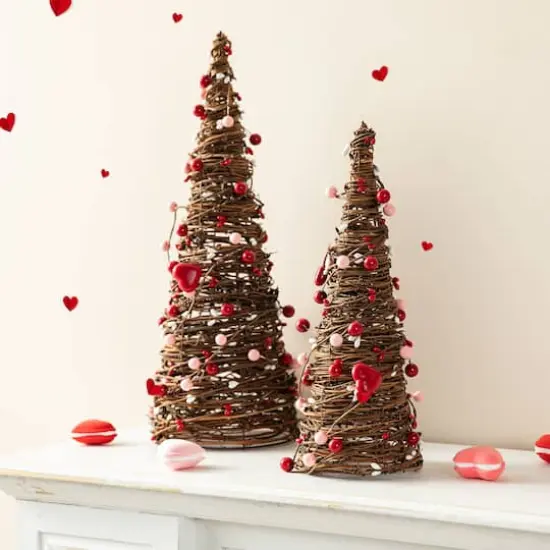 Glitzhome&reg; Valentine's Rattan Heart & Berries Table Tree Set {4}