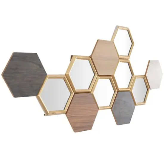 CosmoLiving by Cosmopolitan Brown Wood Honeycomb Geometric Wall Decor with Mirrors 40" x 1" x 19" {3}