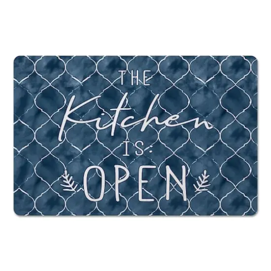 Blue with White The Kitchen is Open Text Floor Mat {1}