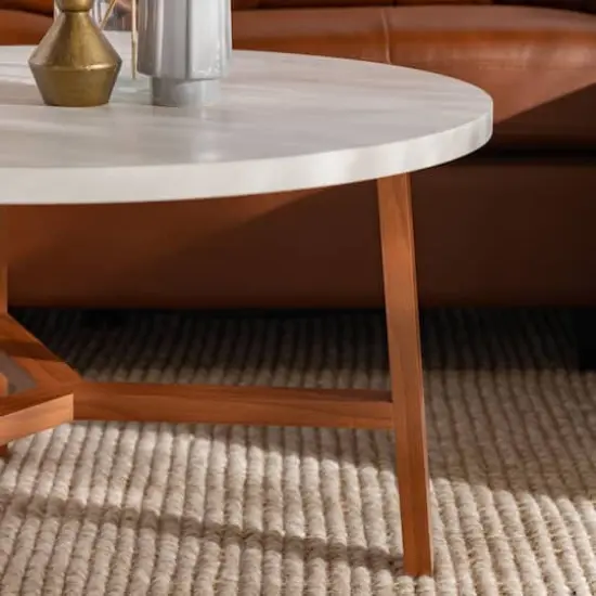 Faux White Marble & Acorn Mid-Century Modern Round Coffee Table {5}