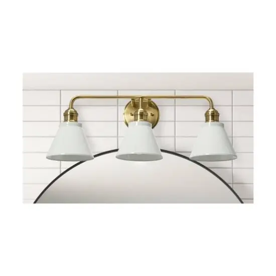 Hello Honey&reg; Robert Stevenson Lighting Josie Metal 3-Light Vanity with Shades White/Antique Brass {4}
