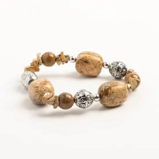 John Bead Brown Jasper Stretch Bracelet with Silver Filigree Beads {4}