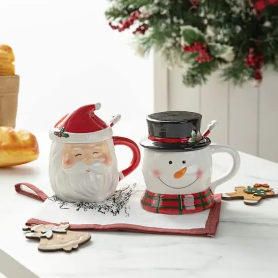 Glitzhome&reg; Christmas Ceramic Santa & Snowman Mug with Lid & Spoon Set {3}