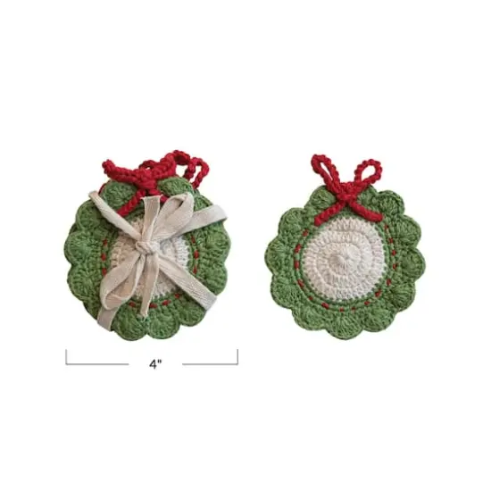 Hello Honey&reg; 4" Green, Red & White Wreath Crocheted Cotton Coasters, 4ct. {4}