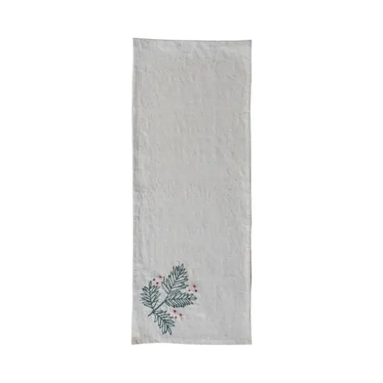 Hello Honey&reg; 72" Natural, Green & Red Woven Cotton & Linen Table Runner with Hand-Embroidered Holly & French Knots {1}