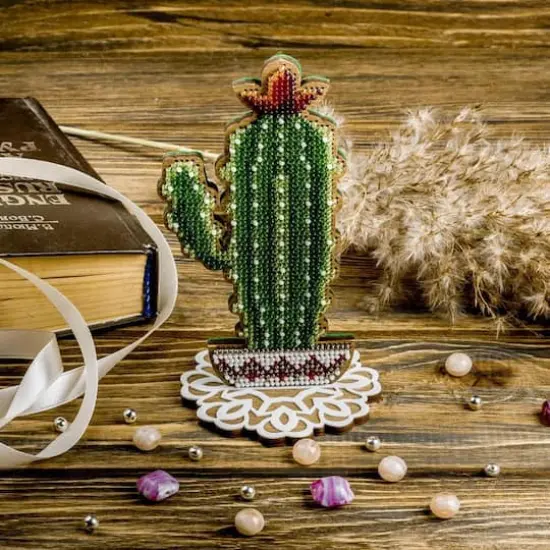 Wonderland Crafts Tall Cactus in Bowl Bead Embroidery on Wood Kit {3}