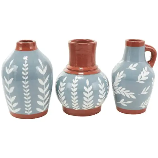 9" Blue Ceramic Floral Vase with Terracotta & White Detailing Set {5}