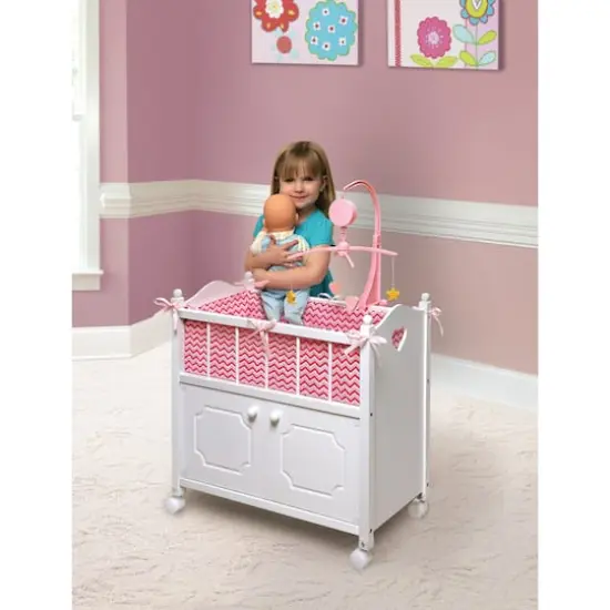 Badger Basket White Cabinet Doll Crib with Pink & White Chevron Bedding {3}