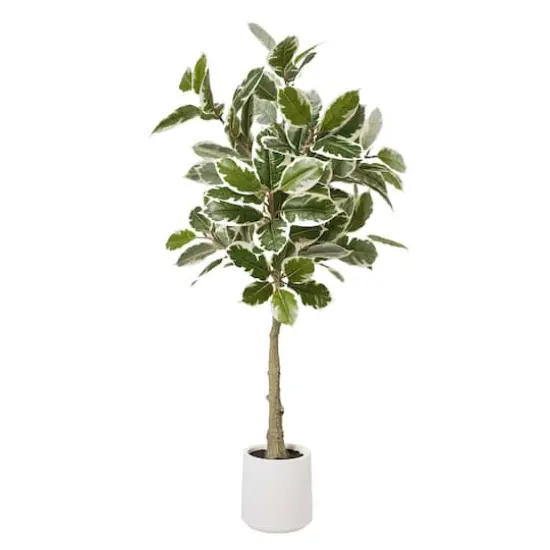 American Art Decor 5ft. Realistic Artificial Variegated Rubber Tree in White Pot {1}