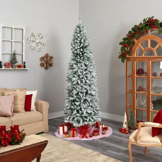 8ft. Pre-Lit Slim Flocked Montreal Fir Artificial Christmas Tree, White LED Lights {9}