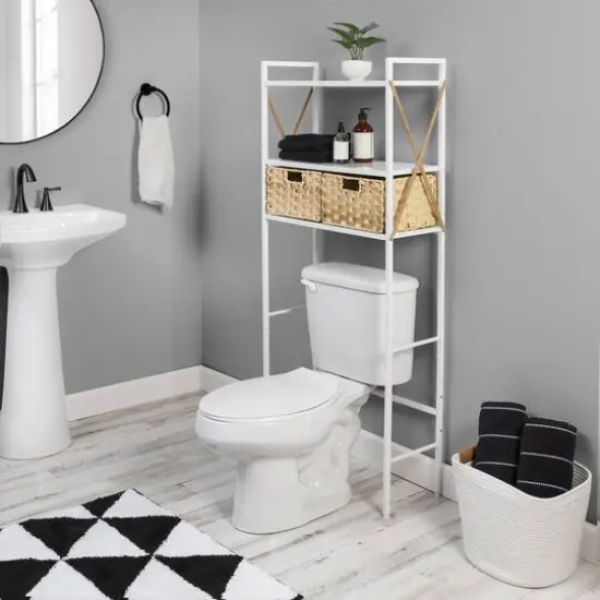 Honey Can Do 3-Tier White Decorative Over-the-Toilet Space Saver with Woven Baskets {3}