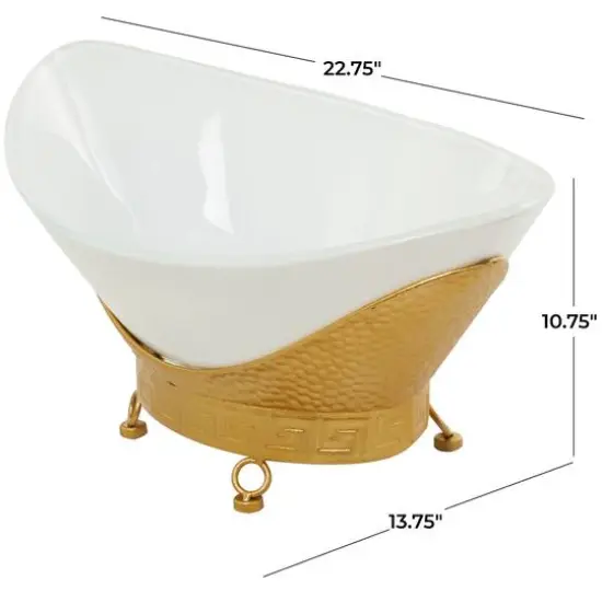 CosmoLiving by Cosmopolitan 23" White Glass Hammered Kitchen Serving Bowl with Gold Metal Stand {4}
