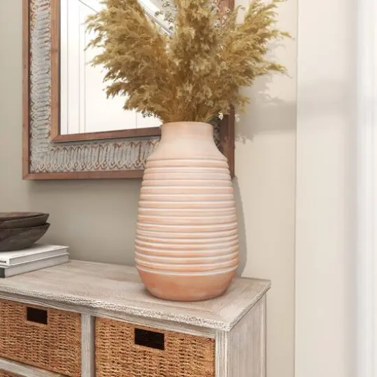 15" Pink Whitewashed Ribbed Terra Cotta Vase {10}