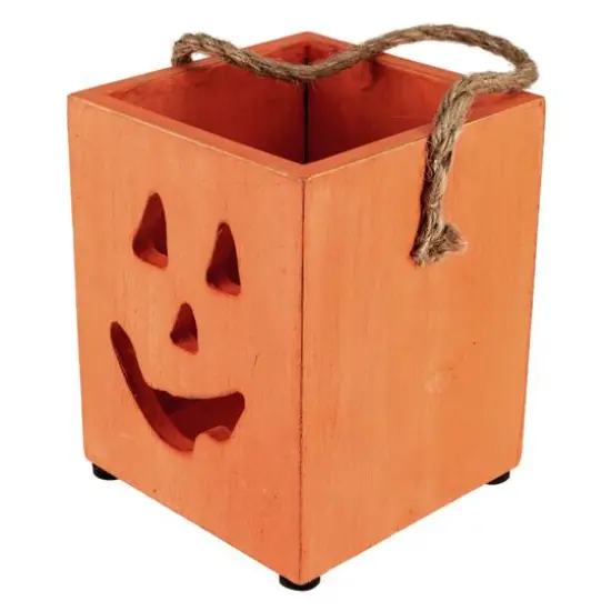 6" Orange Wood Jack-O-Lantern Halloween Candle Lantern {5}