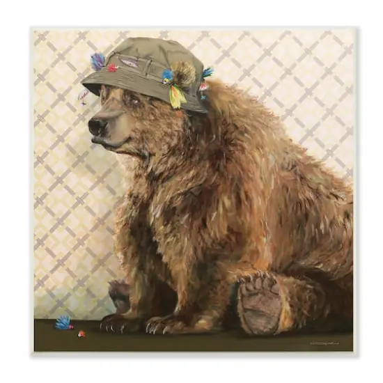 Stupell Industries Rustic Brown Bear Wearing Fisherman's Hat Geometric Pattern,12" x 12" {1}