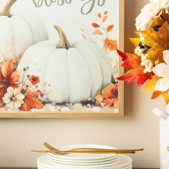 Glitzhome&reg; 15.75" Fall Wooden Ivory Pumpkin Wall Art {6}