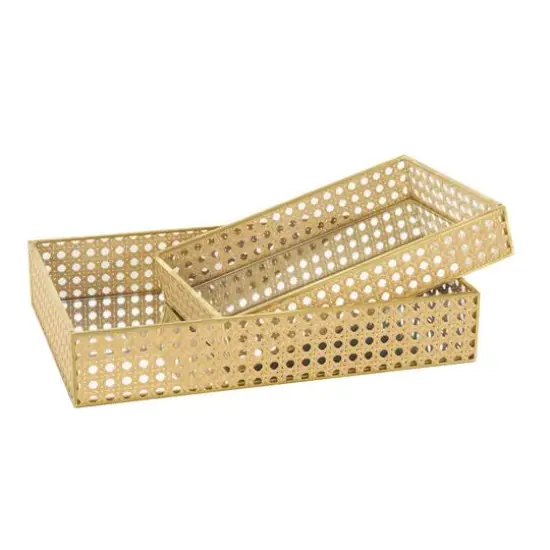 Brown Woven Rattan Tray Set with Mirrored Glass Interiors {6}
