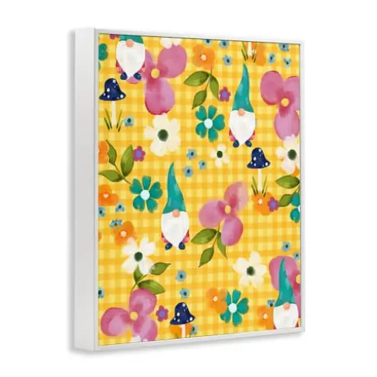 Stupell Industries Yellow Tartan Patterned Spring Gnomes Mushrooms Framed Giclee Art White {4}