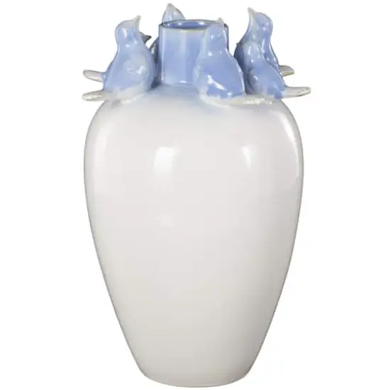 13" White Ceramic Bird Decorative Vase with Blue Accents {1}