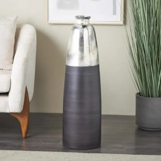 34" Black Glass Brushed Two-Toned Floor Vase with Textured Silver Top {9}