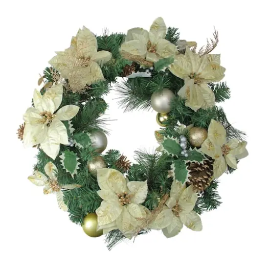 24" Pre-Decorated Gold Poinsettia & Ball Artificial Wreath {1}