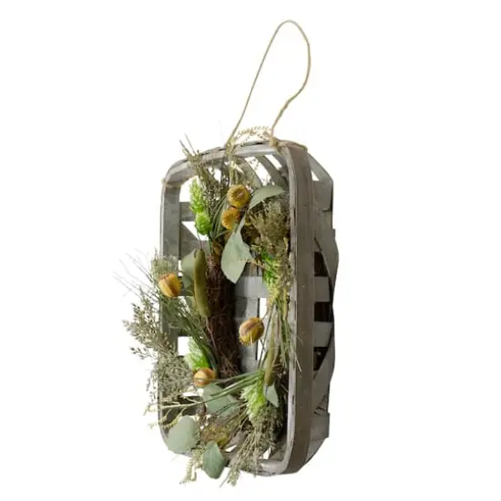 18" Green Hop & Cattail Grapevine Wreath in a Wooden Tray Hanger {4}