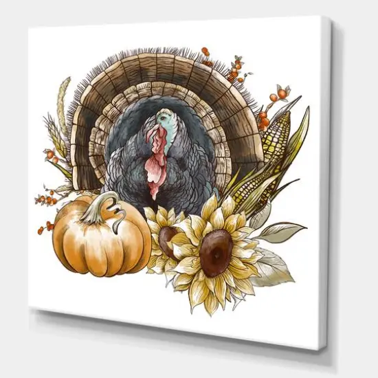 Designart Thanksgiving Vintage Turkey, Sunflowers & Pumpkin Farmhouse Canvas Wall Art {1}