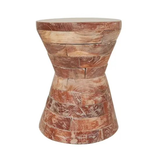 18.5" Brown Teak Wood Handmade Hourglass Accent Table with Stacked Wood Pieces {9}