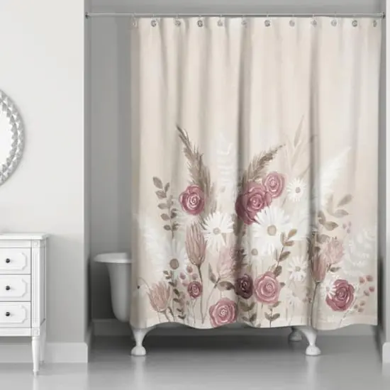 Boho Flowers Mauve Beige 71" x 74" Shower Curtain {1}