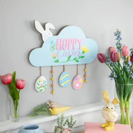 Hoppy Easter Bunny with Eggs Wooden Wall Sign {3}