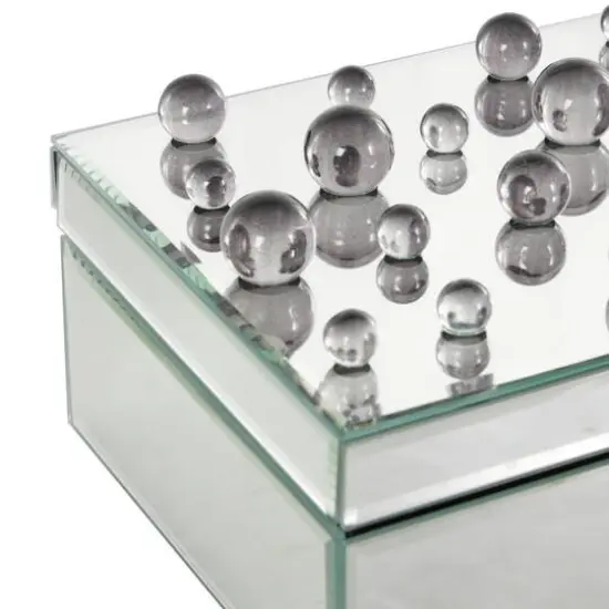 9.75" x 7" x 4.75" Silver Glass Mirrored Decorative Jewelry Box with Black Bubble Textured Balls {7}