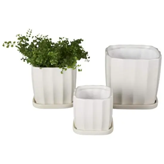 White Square Wide Groove Textured Ceramic Planter Set {1}