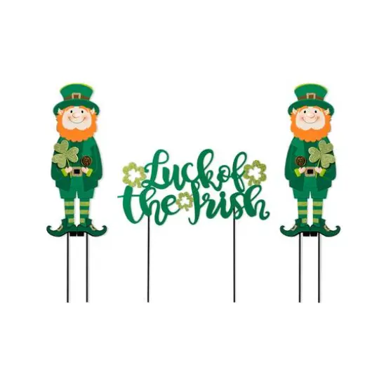 Glitzhome&reg; 26" St. Patrick's Metal Leprechaun & Luck of the Irish Yard Stake Set {1}