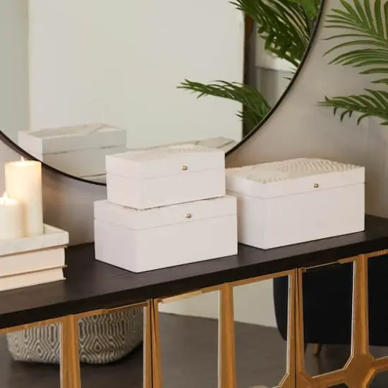 White Wood Intricate Carved Box with Hinged Lid Set {7}