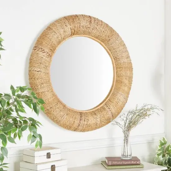 35" Brown Coastal Rattan Wall Mirror {9}