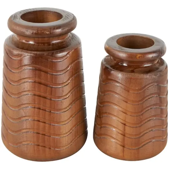 Brown Wood Vase with Carved Wavy Design Set {1}