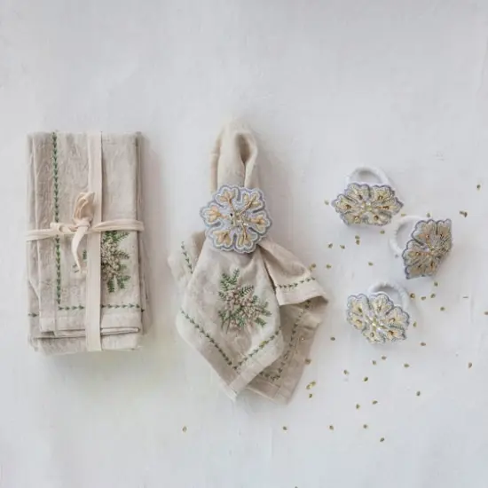 Hello Honey&reg; 18" Natural & Green Square Cotton & Linen Napkins with Botanical Embroidery, 4ct. {3}