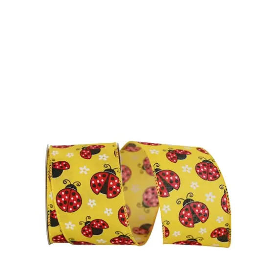 JAM Paper 2.5" x 10yd. Faux Linen Wired Yellow Ladybugs Ribbon {1}