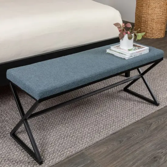 Household Essentials Harper 46.5" Metal & Boucle Bench Blue {3}