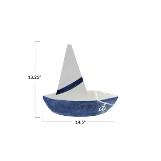 Hello Honey Stoneware Sailboat Shaped Chip and Dip with 2 Sections and Removable Sail, Blue and White {5}
