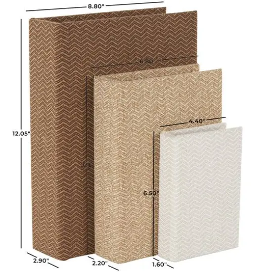 Brown & Cream Linen Fabric Chevron Patterned Decorative Book Storage Box, 3ct. {8}