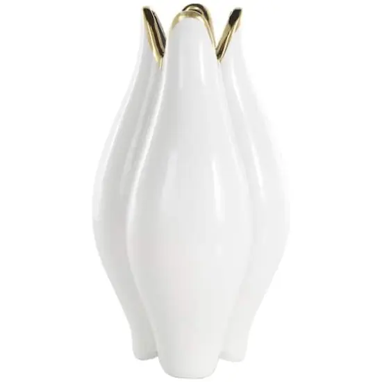 White Ceramic Dimensional Tulip Shaped Vase with Metallic Gold Rim {1}