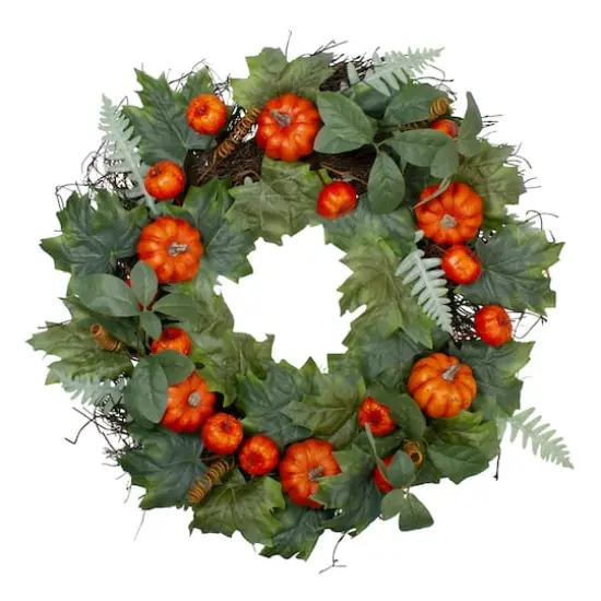 24'' Maple & Fern Leaves w/ Orange Pumpkins Artificial Wreath {1}