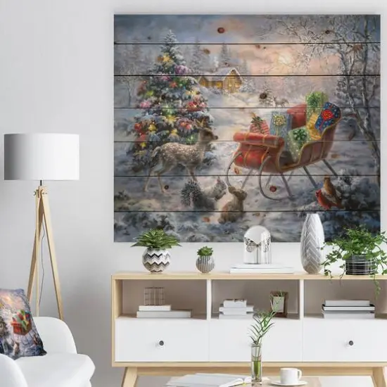 Designart Christmas Tree with Sleigh Print on Natural Pine Wood {4}