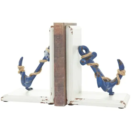 8" Blue Wood Anchor Distressed Bookends with Rope Accents & White Wood Stands Set {1}