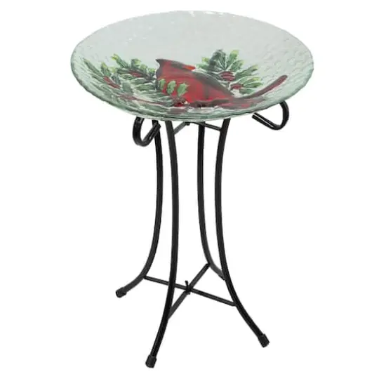 21" Red Cardinal & Pine Cone Glass Bird Bath with Stand {5}