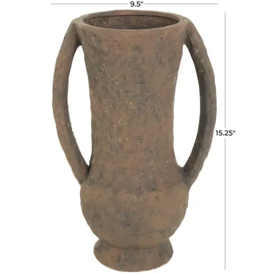 15" Dark Brown Ceramic Handmade Textured Amphora Vase with Two Long Handles {9}