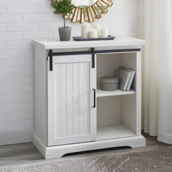 Walker Edison 32" Brushed White Sliding Grooved Door Accent Console {7}