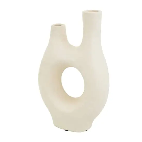 14" Beige Paper Mache Abstract Double Opening Vase {1}