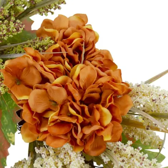 30" Orange & Green Fall Hydrangea Floral Wreath {4}